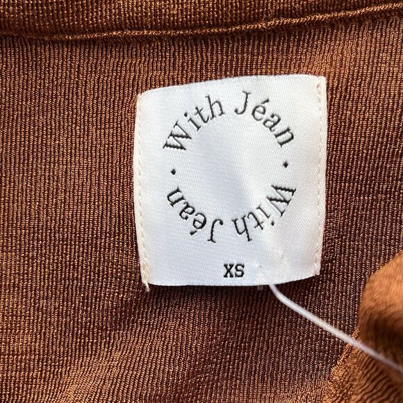 WITH JEAN KNIT ANDY MINI DRESS BUTTON FRONT LONG SLEEVE RUSCHING DETAIL BROWN XS - Picture 10 of 15